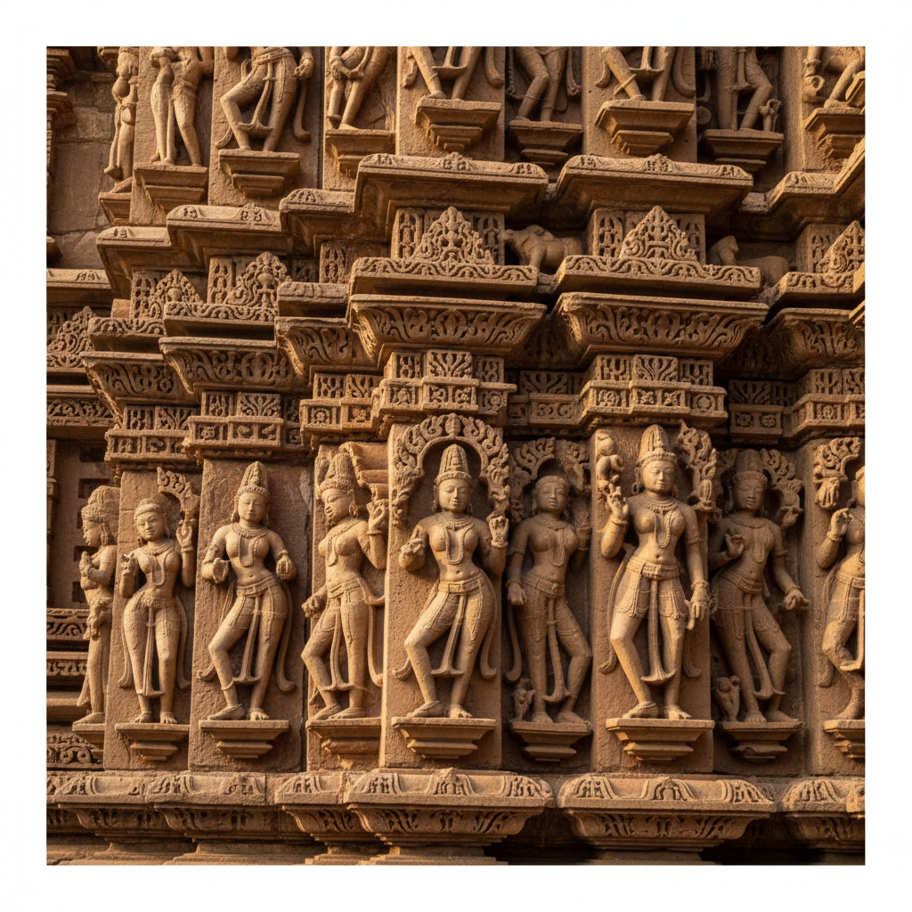 사원 외벽에 새겨진 정교한 조각상들
