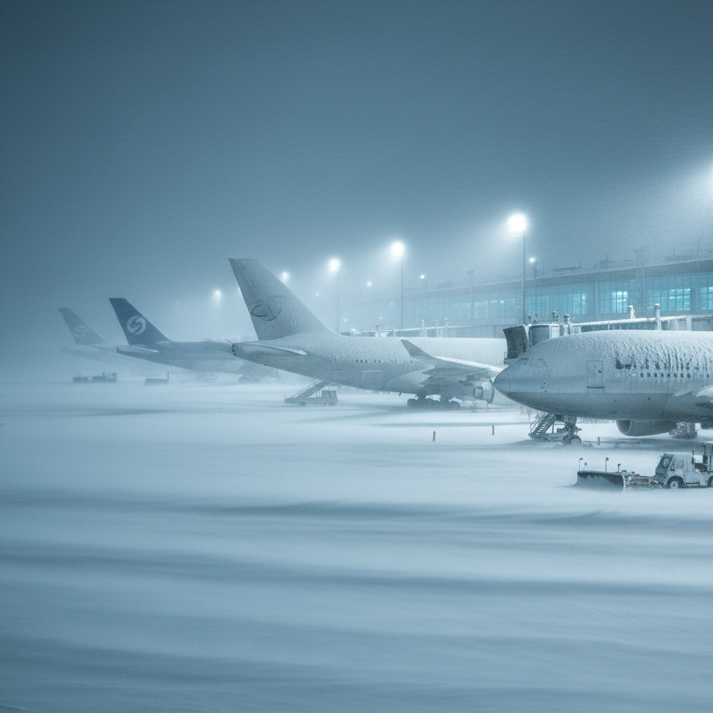 눈 덮인 공항 활주로와 대기 중인 항공기들