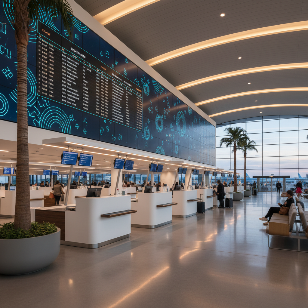 공항 터미널의 현대적인 체크인 카운터와 안내 전광판