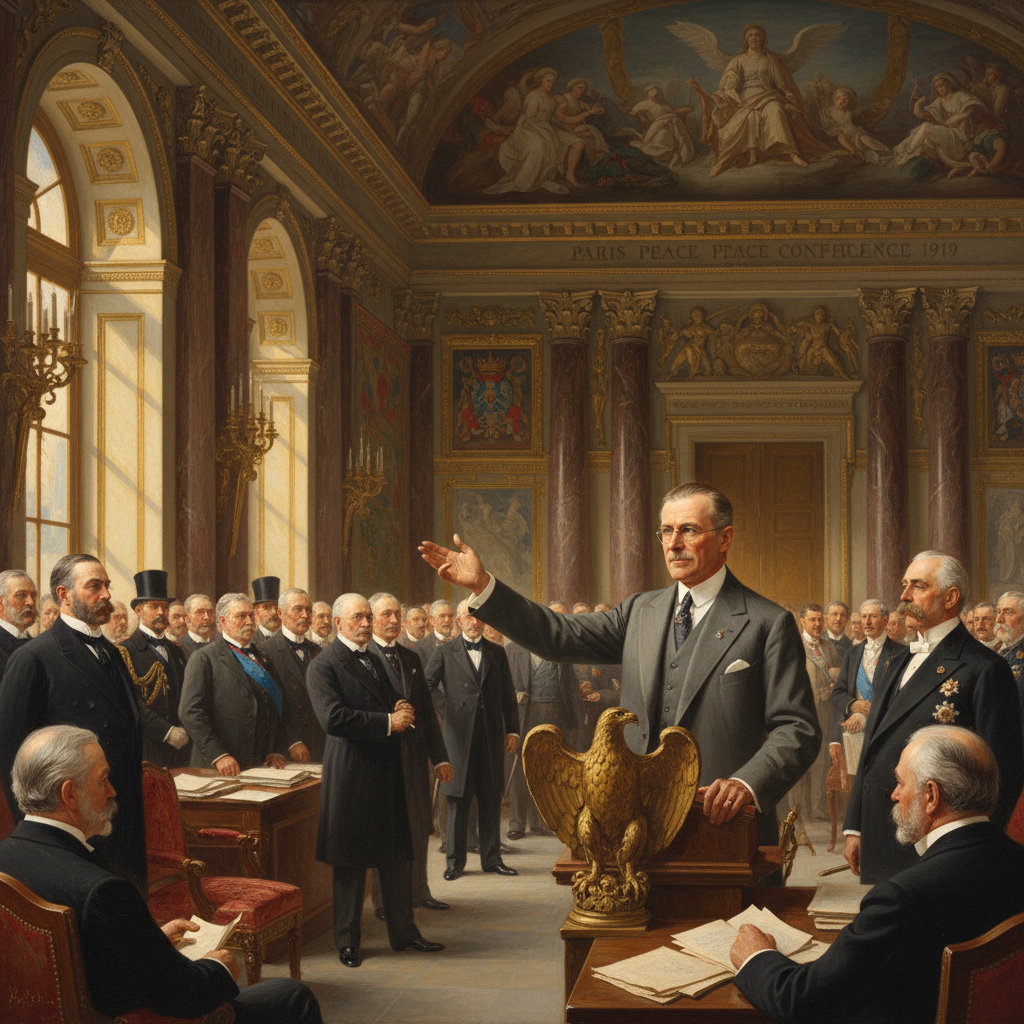 파리 강화 회의에서 연설하는 우드로 윌슨