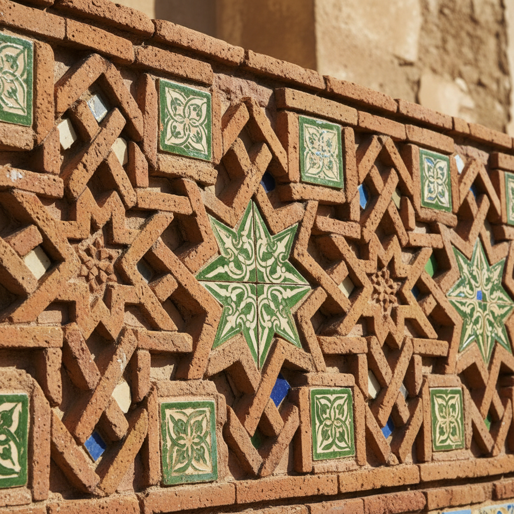 기하학적 벽돌 문양과 세라믹 타일이 조화를 이룬 외벽 디테일