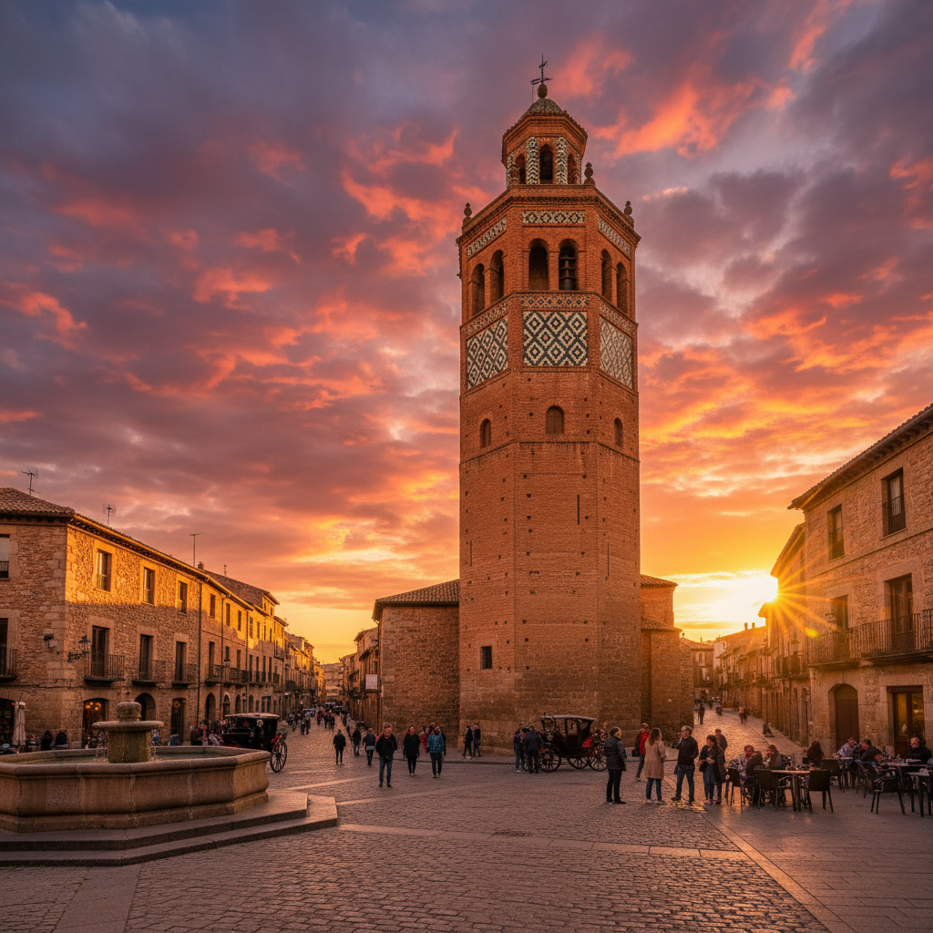 테루엘 시가지와 어우러진 산 살바도르 탑의 일몰 풍경