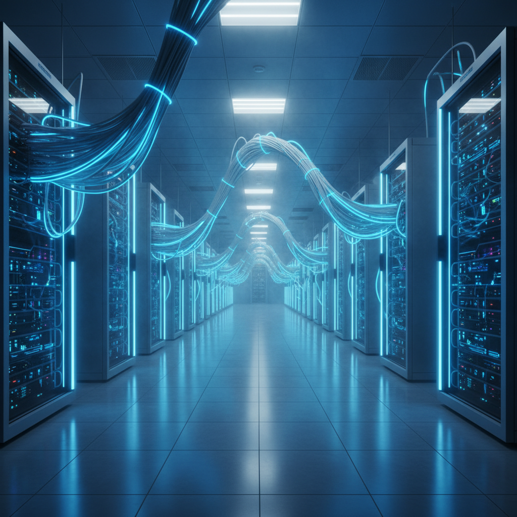 거대한 데이터 센터의 서버 랙과 디지털 흐름
