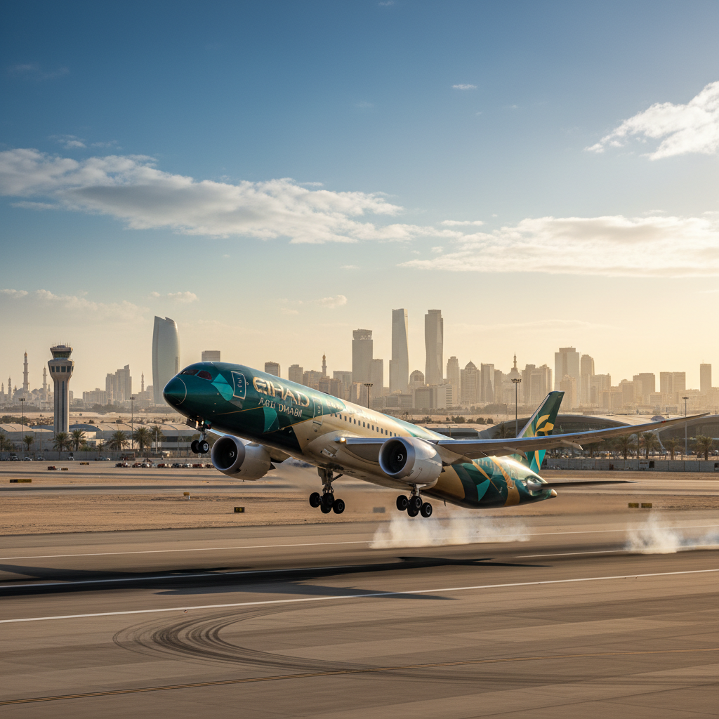 활주로를 이륙하는 에티하드항공 여객기