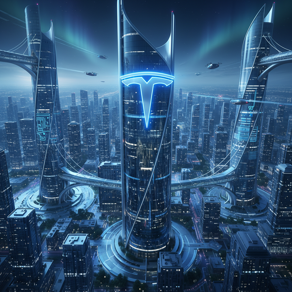 혁신의 아이콘이 된 테슬라 로고와 미래 지향적 도시 배경