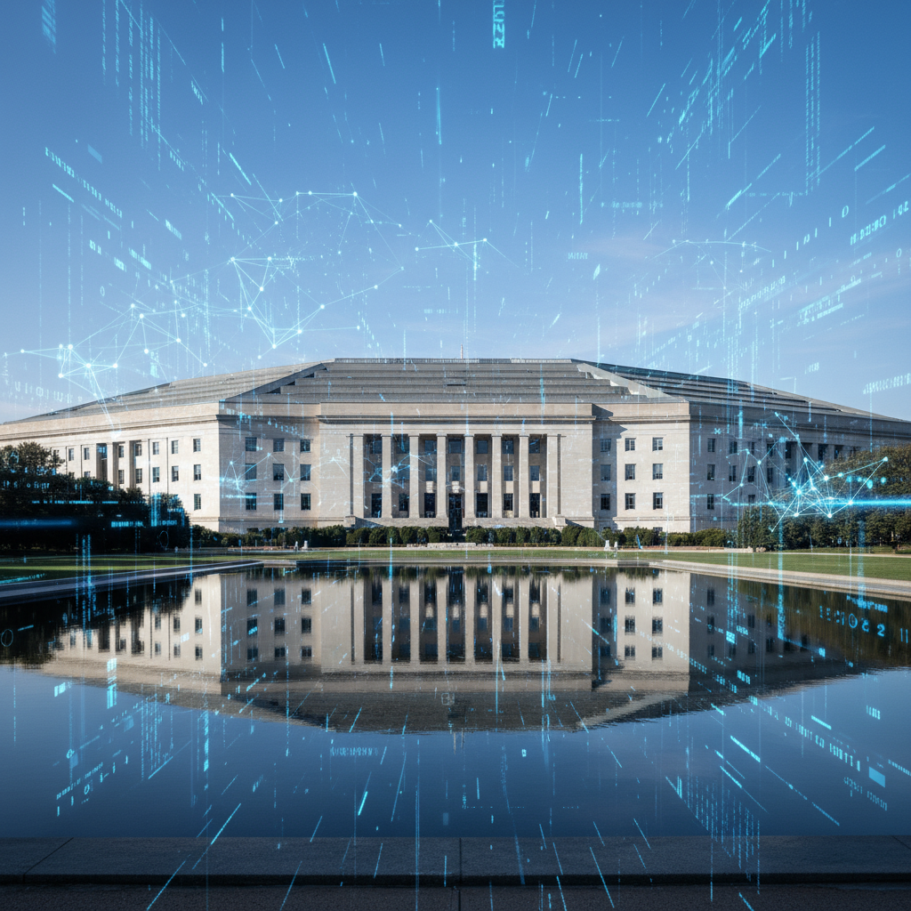 펜타곤 건물과 디지털 데이터 네트워크의 조화
