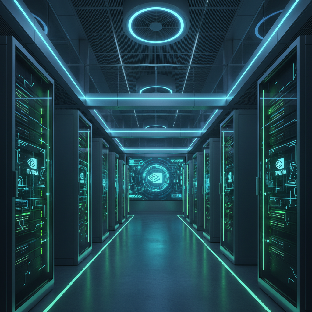 엔비디아 로고가 빛나는 현대적인 데이터 센터 내부