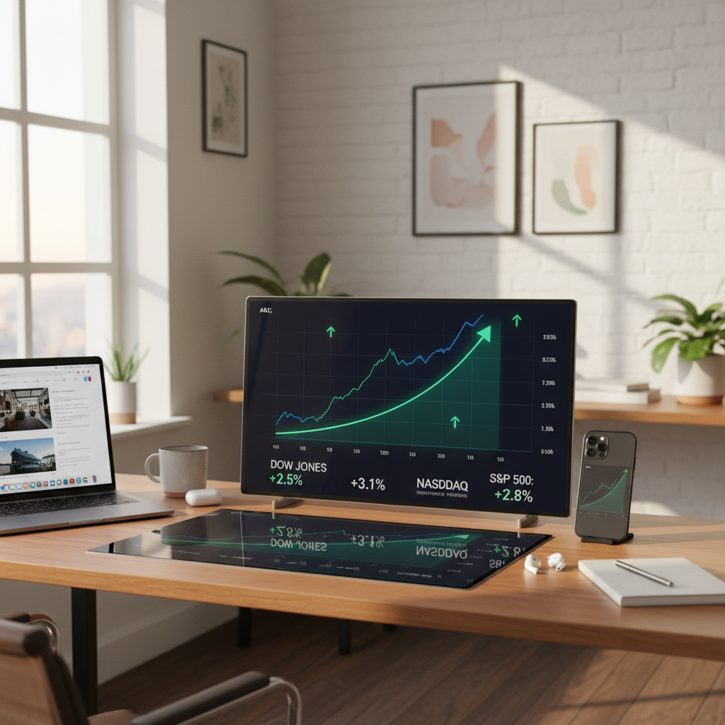 상승 곡선을 그리는 주식 시장 그래프와 애플 기기