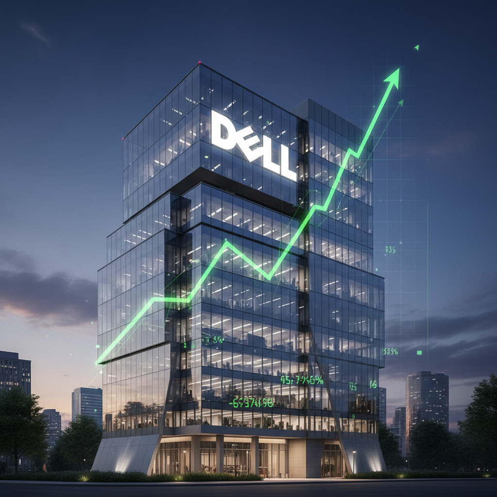 델 테크놀로지스 본사 건물과 상승하는 주가 그래프
