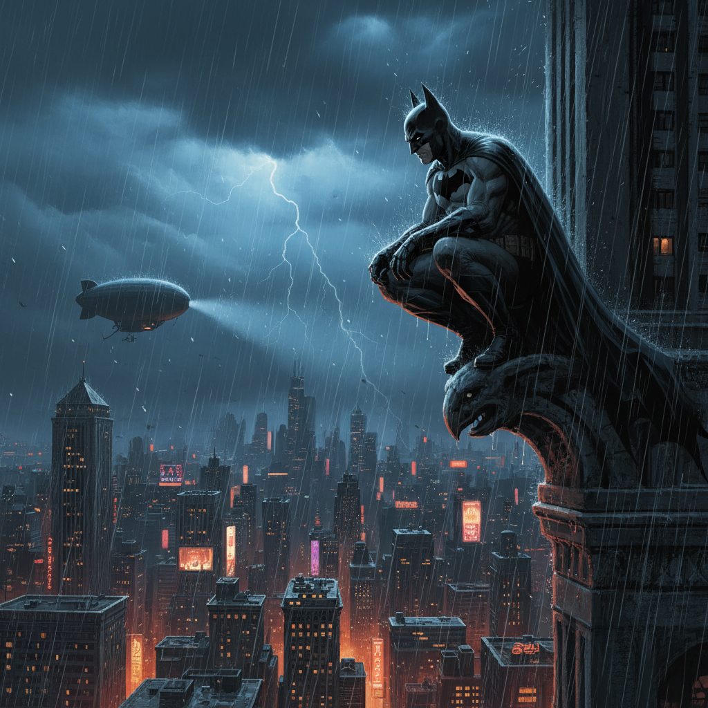 어두운 고담시 마천루에 서 있는 배트맨의 뒷모습