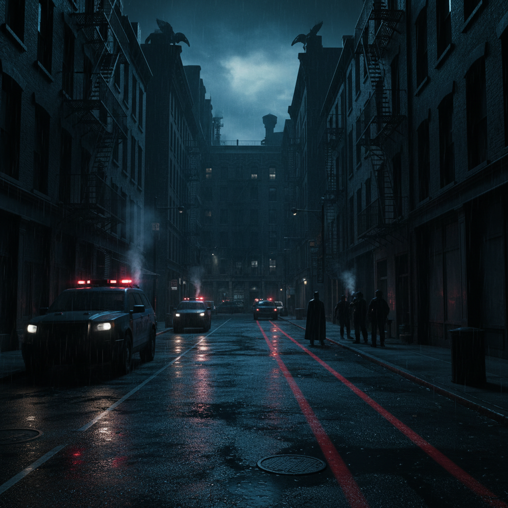 비 내리는 고담시 거리와 경찰차의 경광등