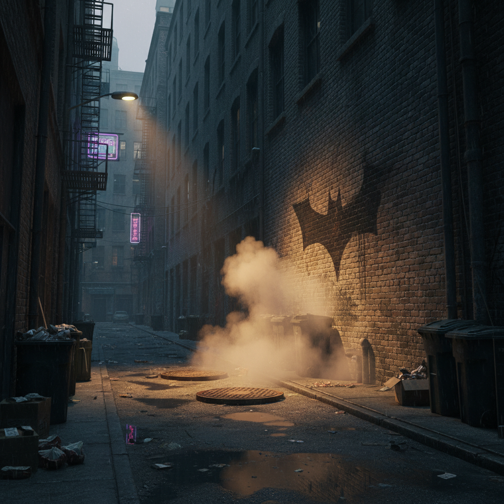 고담시의 어두운 골목과 벽에 그려진 배트맨 표식