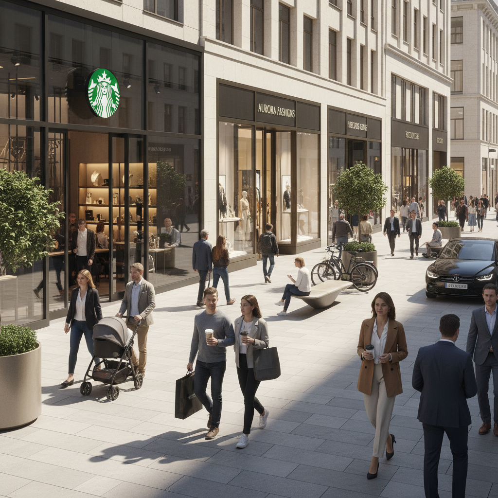 활기찬 대도시 쇼핑 거리와 카페의 모습