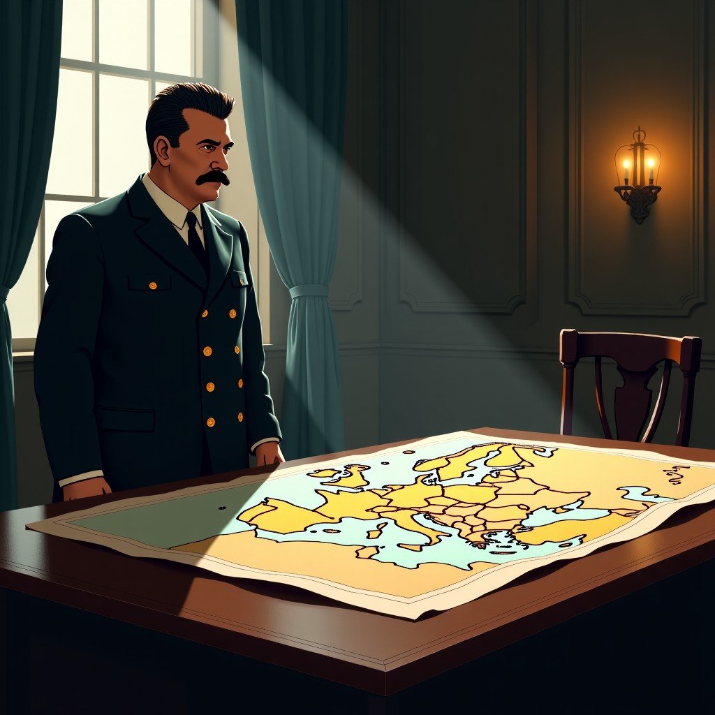 A dramatic oil painting style illustration of Joseph Stalin in the 1930s, looking at a large military map of Europe spread on a wooden table inside a dimly lit Kremlin office. The atmosphere is heavy and cinematic. 1:1