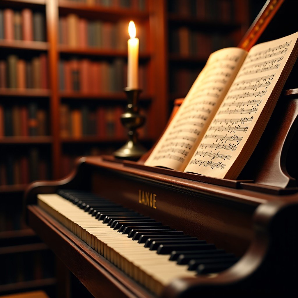 A detailed close-up of an antique 19th-century piano keyboard with handwritten musical scores and a flickering candle. The background is a dimly lit, elegant library with wooden shelves. Atmospheric and historical. No text. 1:1