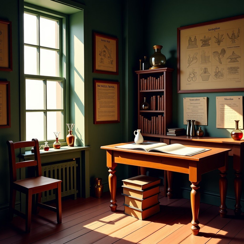 A 19th century study room of a scientist, filled with old books, chemical sketches, and a wooden desk, oil painting style, classic atmosphere, 4:3