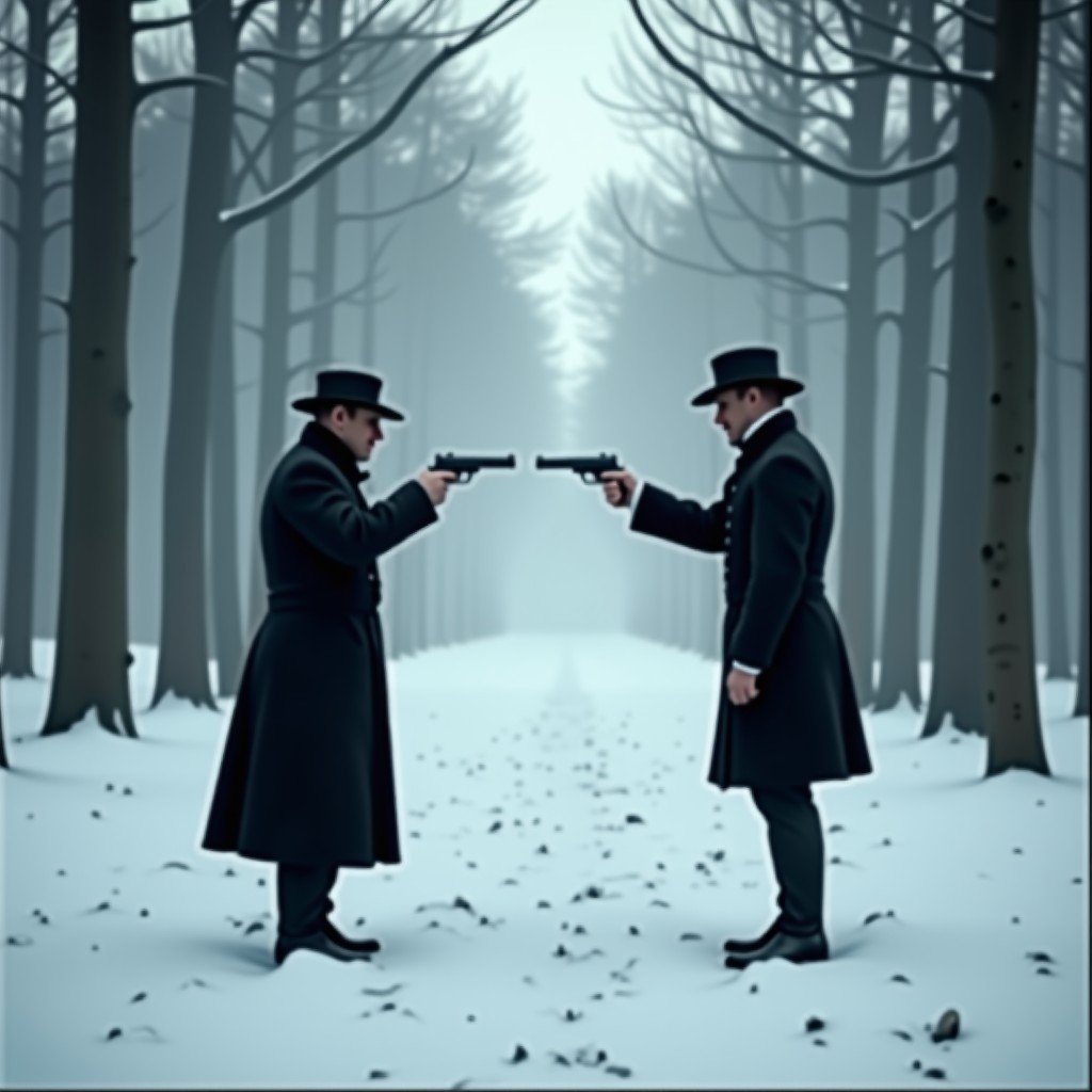 A dramatic historical scene of a duel in a snowy forest clearing near St. Petersburg, two men facing each other with pistols, 19th-century attire, foggy atmosphere, melancholic and cinematic. 4:3