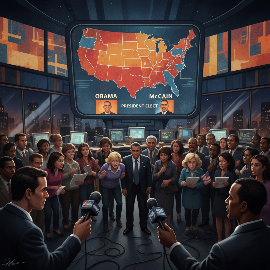 A cinematic illustration of a 2008 era US election night scene with a large map of the United States on a screen, news studio setting, diverse crowd watching intensely, dramatic lighting, warm and blue tones, artistic textured background, 4:3