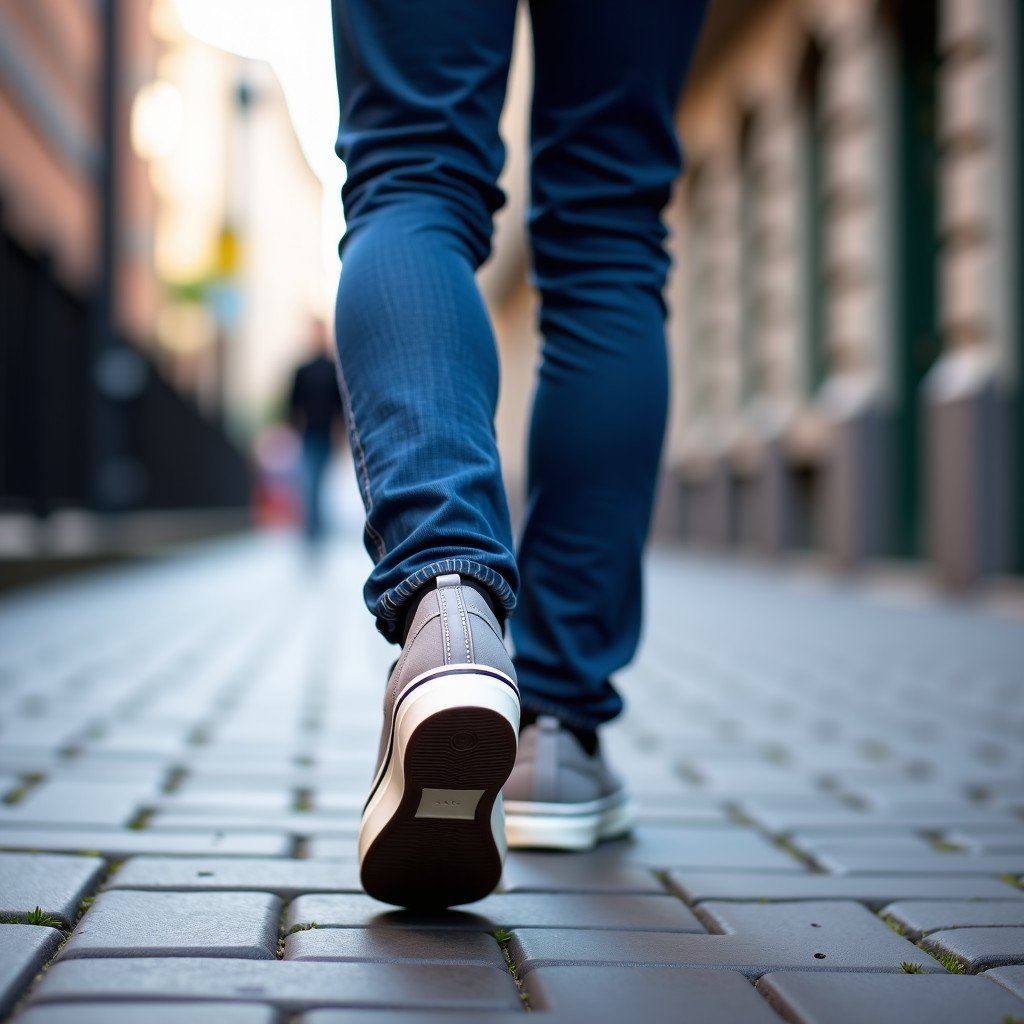 Close up shot of person wearing slim fit denim jeans and classic sneakers walking on a city street, lifestyle photography, natural daylight, 4:3