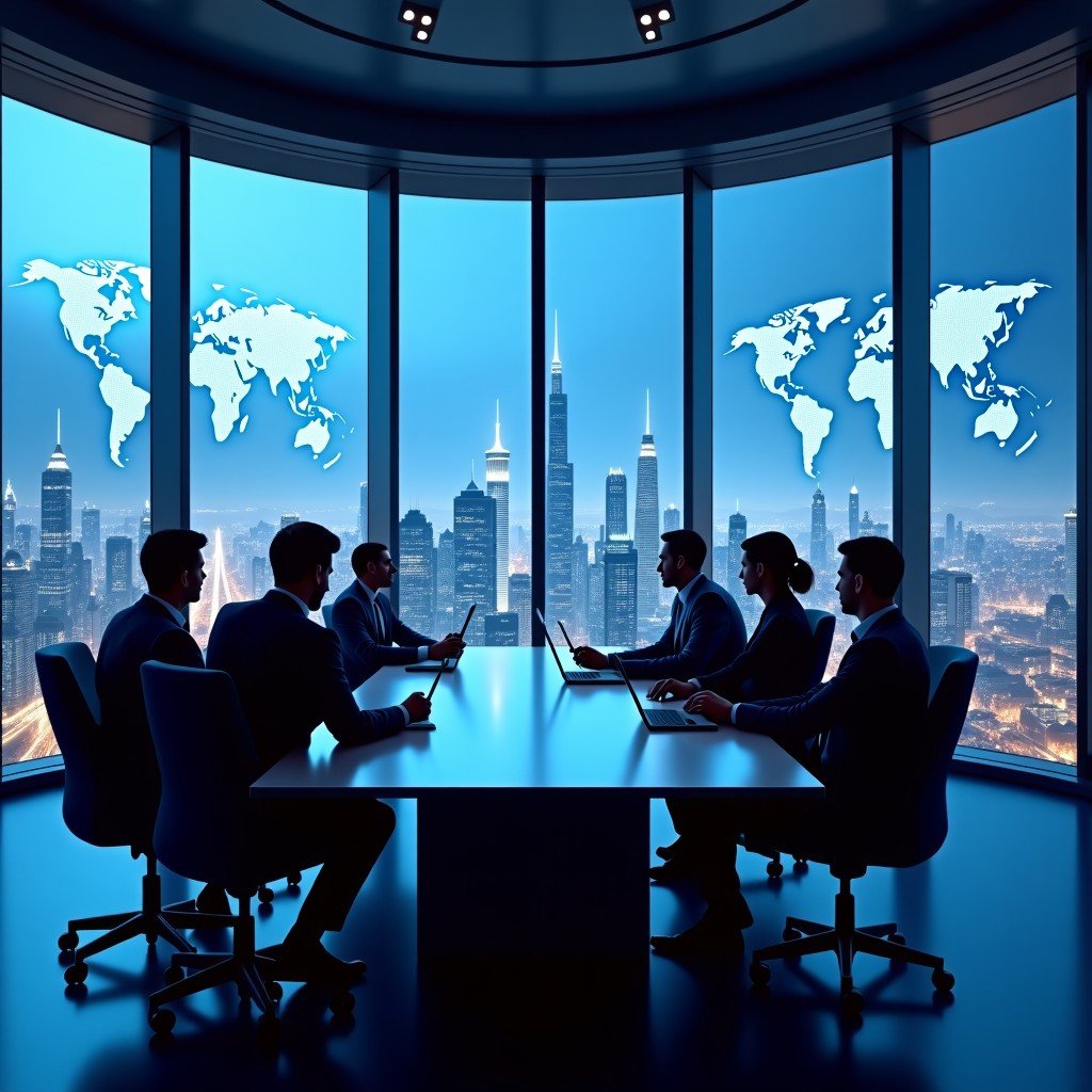A sophisticated modern business meeting in a high-rise office overlooking a futuristic city skyline, digital screens displaying rising stock charts and global maps, high contrast, cinematic lighting, professional atmosphere, 4:3