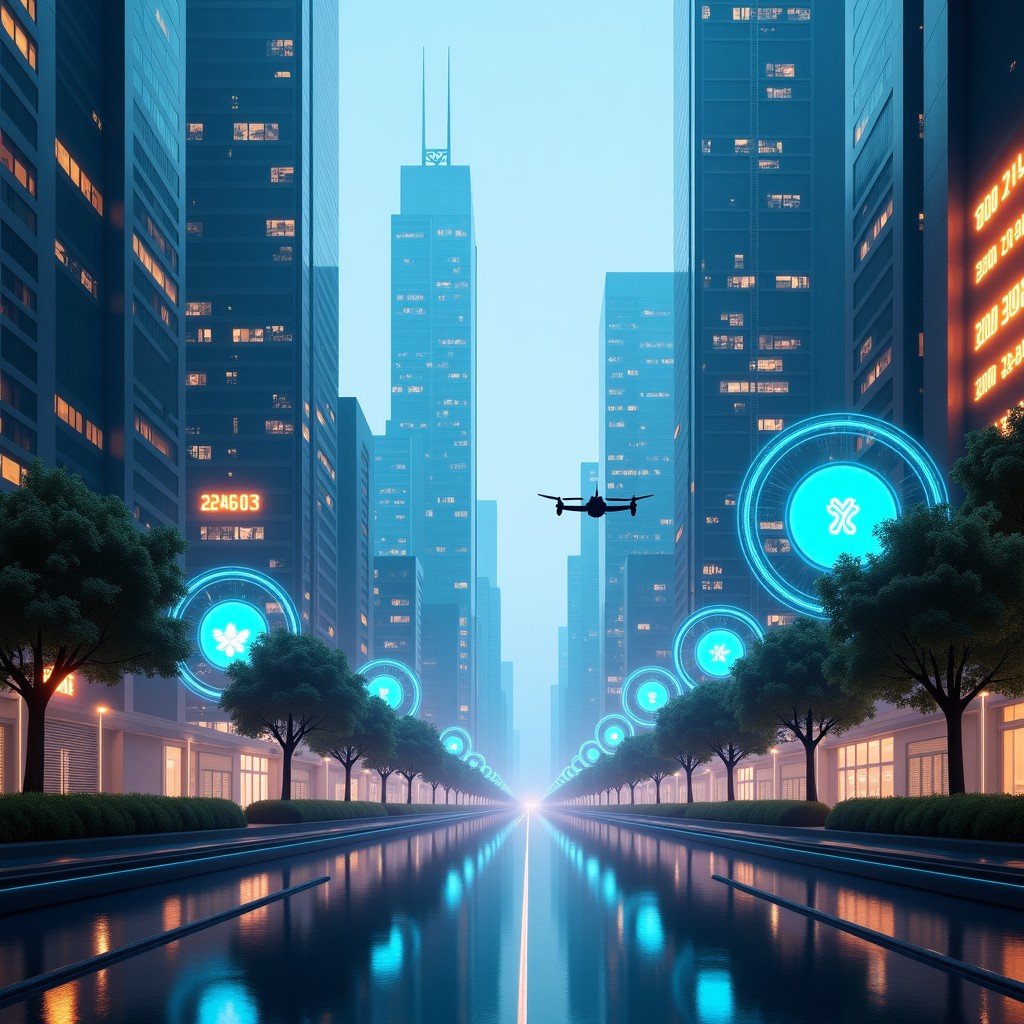 A futuristic smart city in 2030 with holographic data overlays showing health and environmental status. High-tech architecture, flying drones, and glowing digital interfaces. No text. Modern cinematic style. 4:3