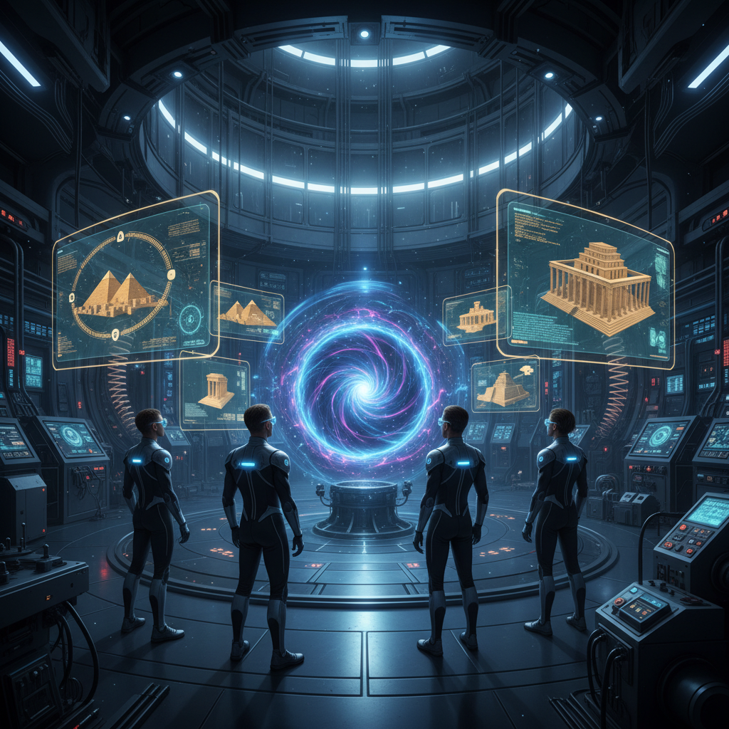 A futuristic laboratory in the year 2045 with a glowing time portal, historians wearing sleek tech glasses, holographic displays of ancient civilizations, cinematic lighting, no text, 4:3