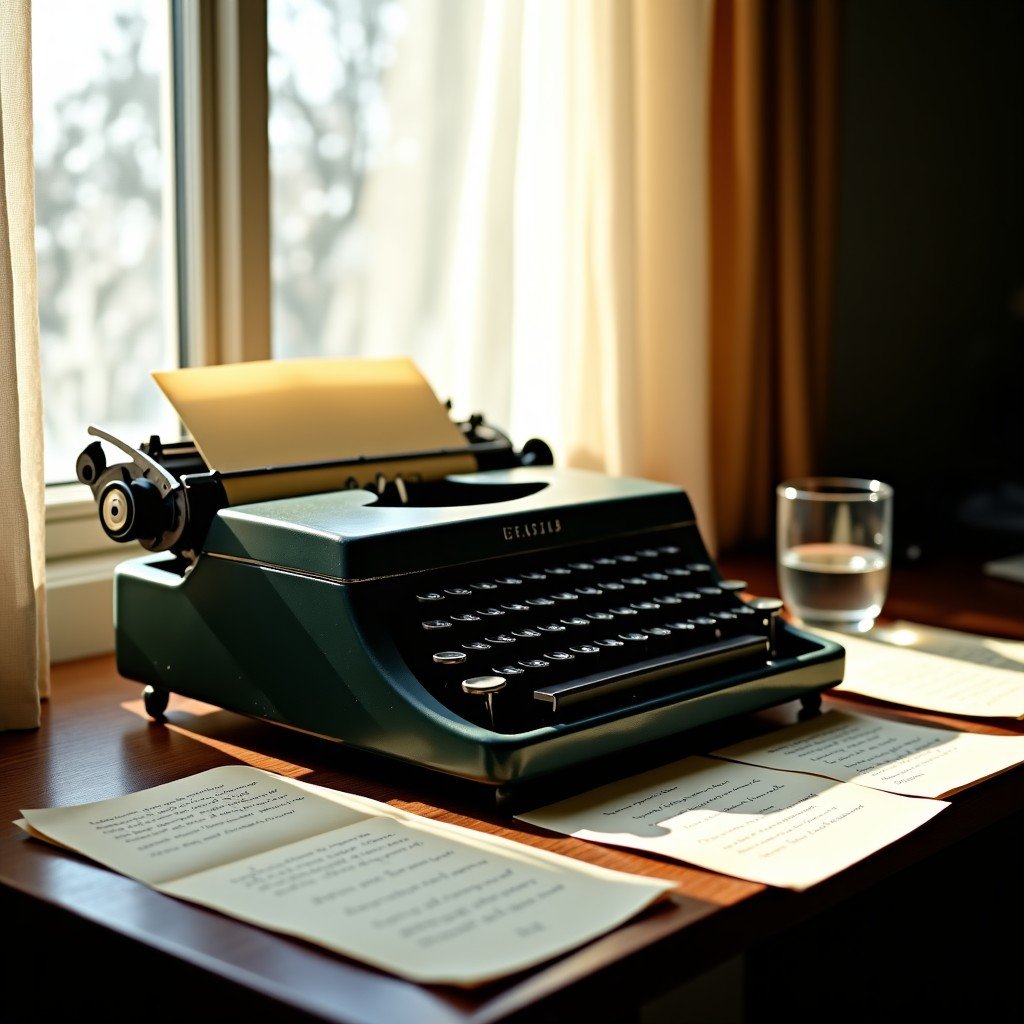 A vintage 1950s typewriter on a dark oak desk, scattered handwritten notes with elegant cursive, a half-filled glass of water, afternoon sunlight coming through a lace curtain window, realistic photography style, 4:3