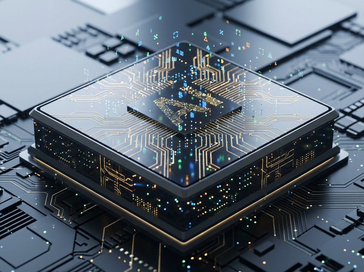 Close-up realistic photography of a highly advanced AI semiconductor chip with glowing gold circuits. The chip has a sleek metallic finish and is surrounded by floating digital data particles. 4:3