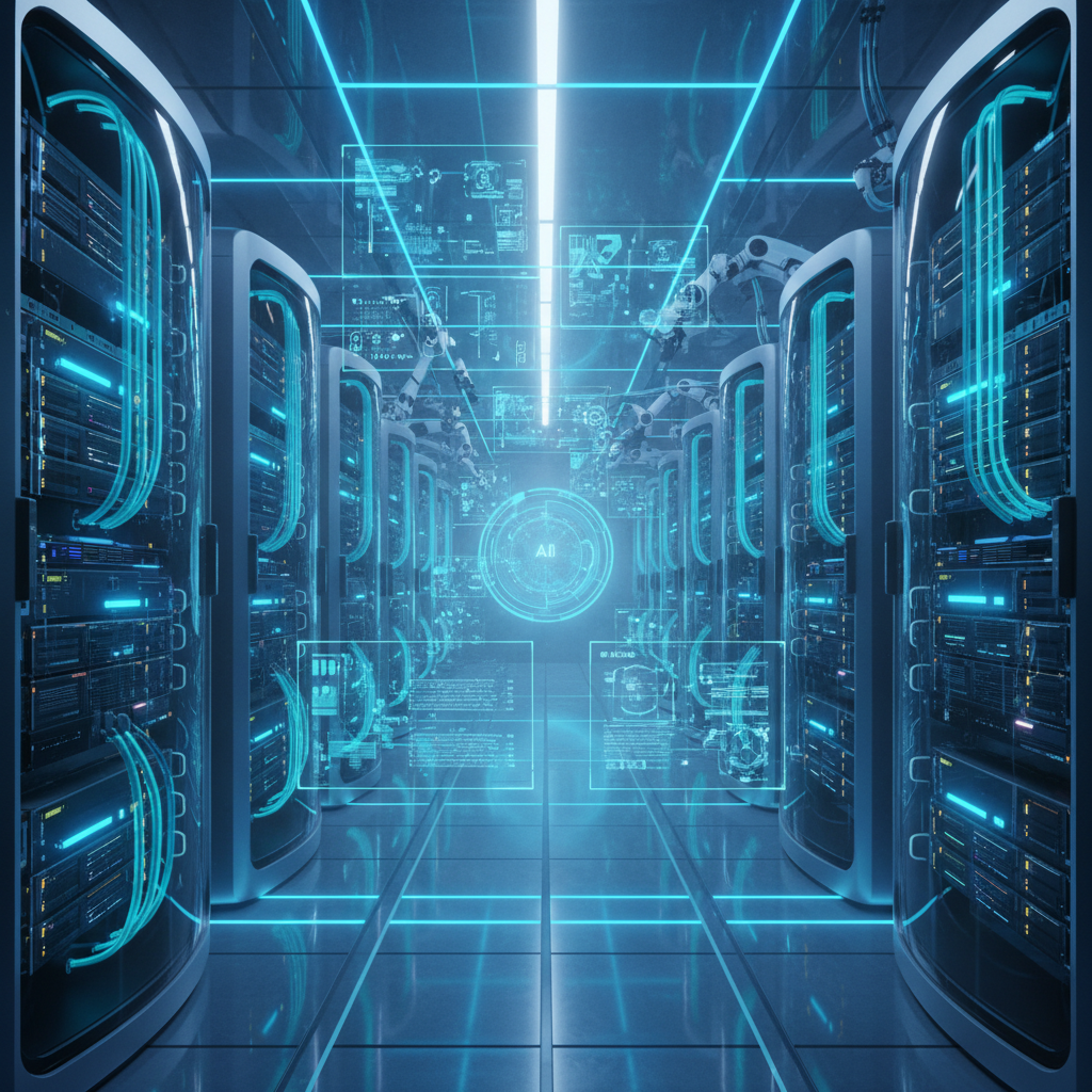 Advanced AI server room with racks of high performance GPU units and blue cooling lights, futuristic atmosphere, 4:3