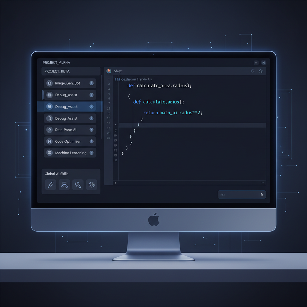 A sleek and modern user interface of a coding application displayed on a monitor. The interface shows multiple chat threads organized by project folders on the left side and a clean code editor on the right. Small icons representing different AI skills like image generation and debugging are visible. Digital art style bright and professional 1:1