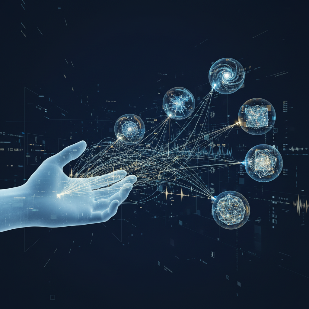 An artistic illustration symbolizing the collaboration between a human developer and multiple AI agents. A human hand and several glowing digital orbs are interconnected by lines of light representing data flow and code. The background is a deep navy blue with subtle tech patterns. Abstract digital rendering 4:3