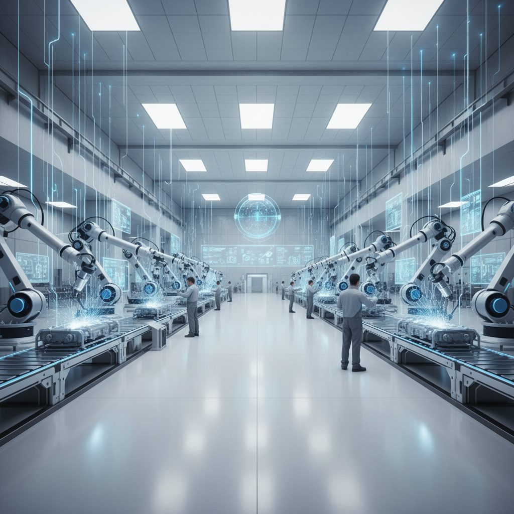 A futuristic and clean industrial factory floor with robotic arms working precisely under soft bright lighting. Digital blue glowing data streams connecting the machines to a central AI hub. Realistic photography style with a sense of high productivity. 4:3
