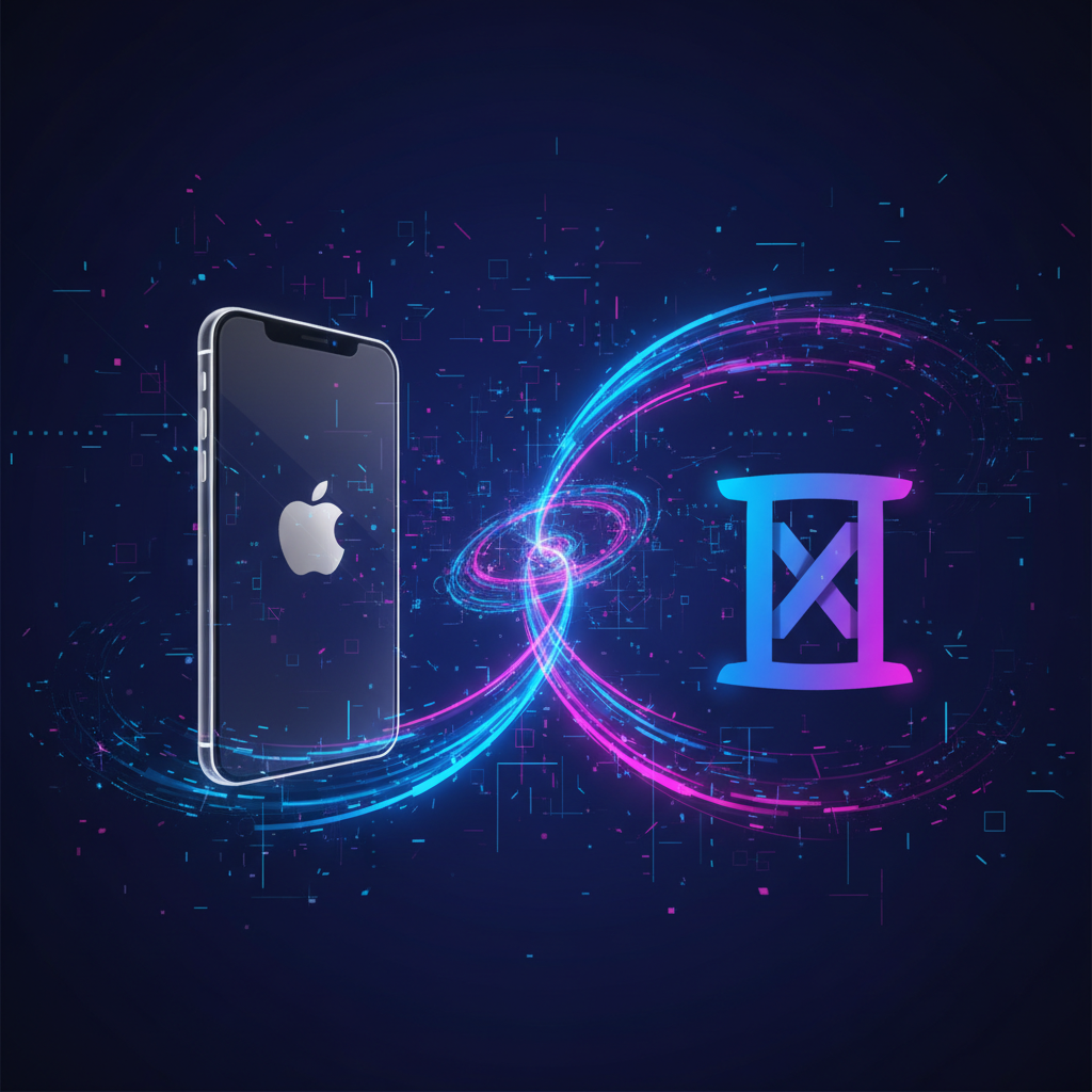 A high-tech conceptual illustration showing a stylized Apple iPhone and a Google Gemini logo connecting through glowing digital light beams. The background is a sophisticated dark blue and purple gradient with data particles, representing a strategic tech partnership. 4:3
