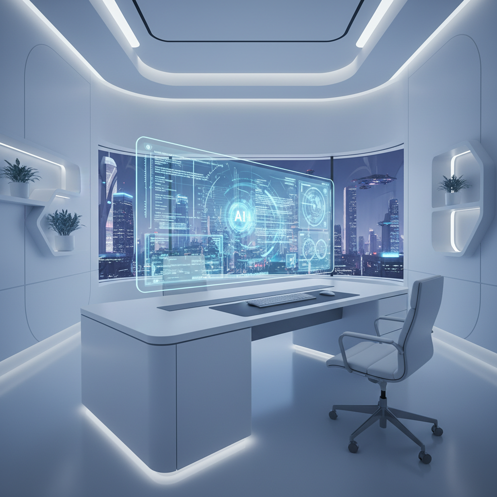 미래지향적인 사무실에서 작업 중인 AI 인터페이스