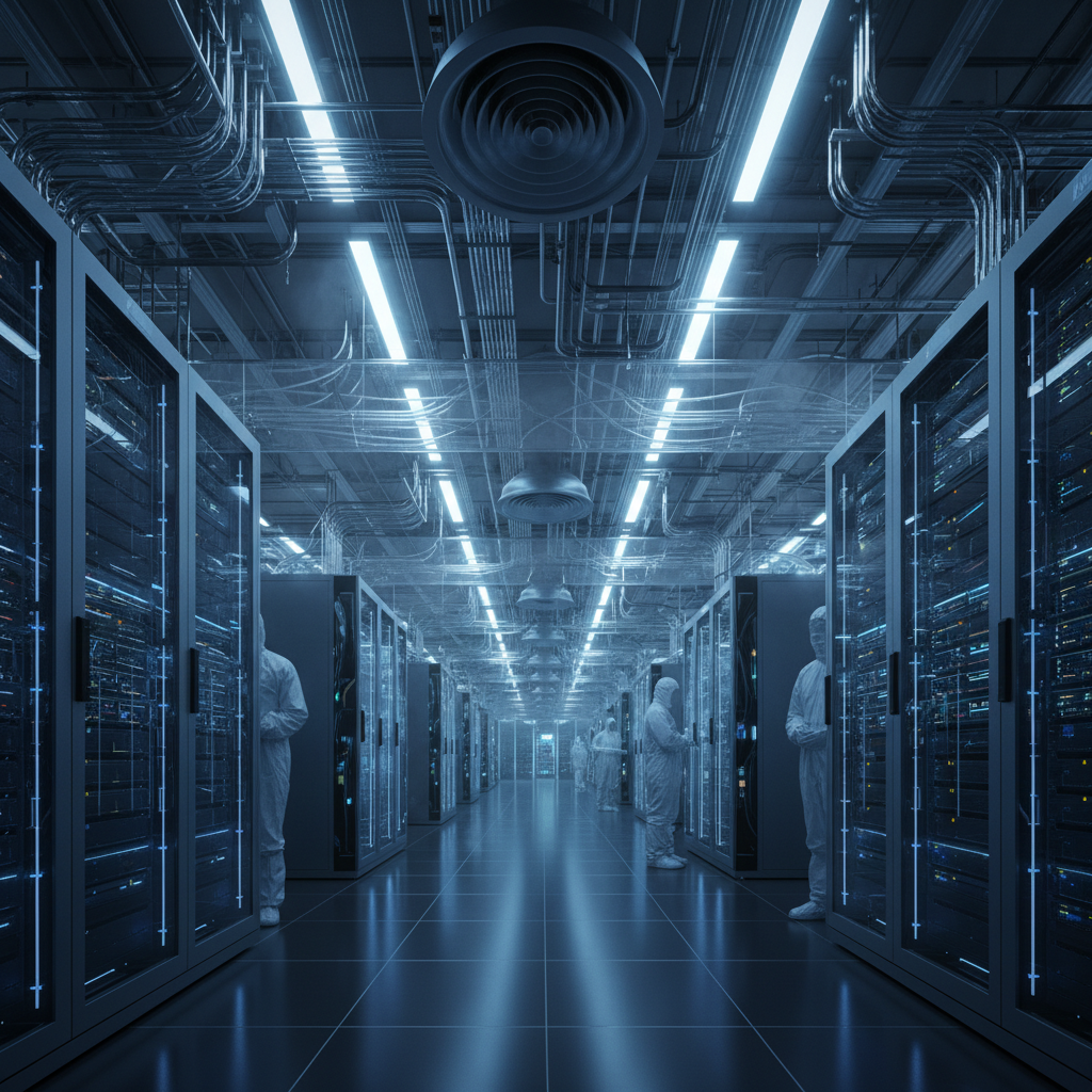 현대적인 AI 데이터 센터 내부 전경