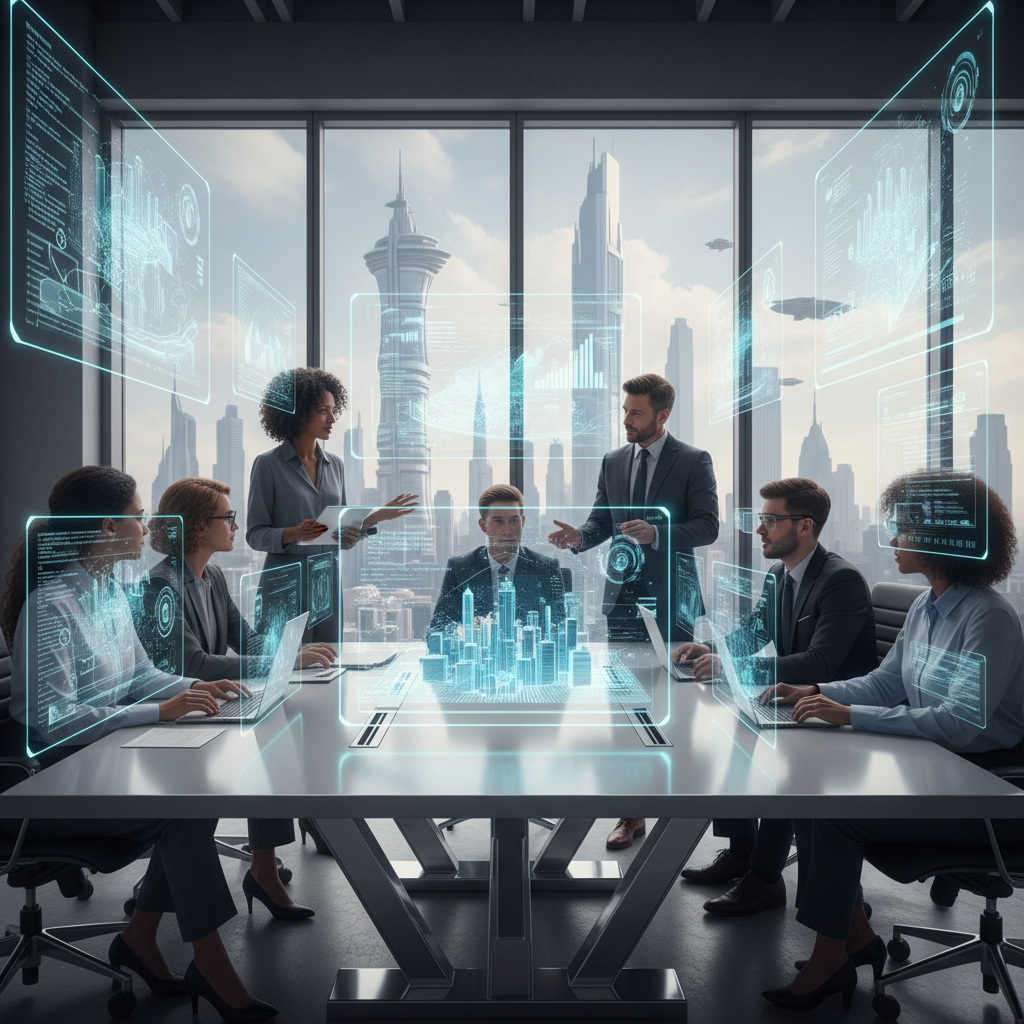 현대적인 사무실에서 협업하는 팀원들과 AI 기술