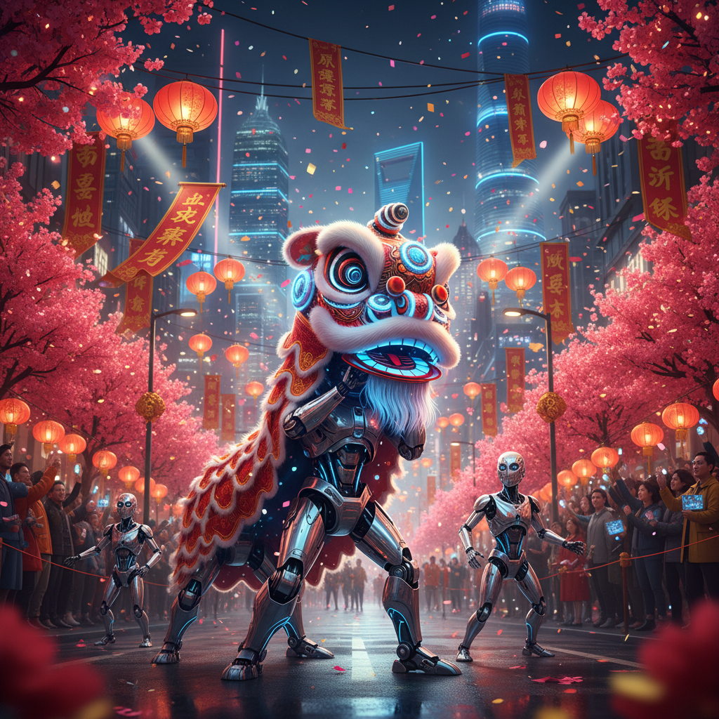 A futuristic AI robot participating in a traditional Chinese Lunar New Year lion dance, vibrant red and gold decorations, cinematic lighting, festive atmosphere in a modern Shanghai street, 4:3