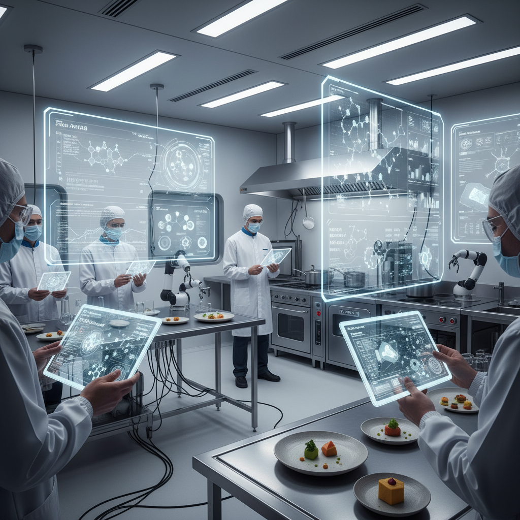 A high-tech food research laboratory with scientists in white coats using tablets and AI interfaces to analyze molecular structures of food. Modern kitchen equipment and digital screens showing complex flavor data are visible. High contrast, clean layout, 4:3.