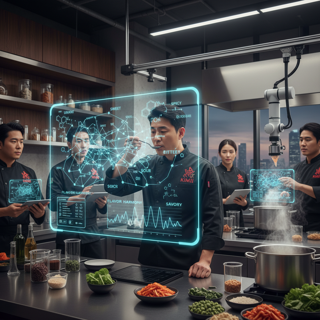 셰프와 AI 시스템이 협력하는 미래의 주방 모습