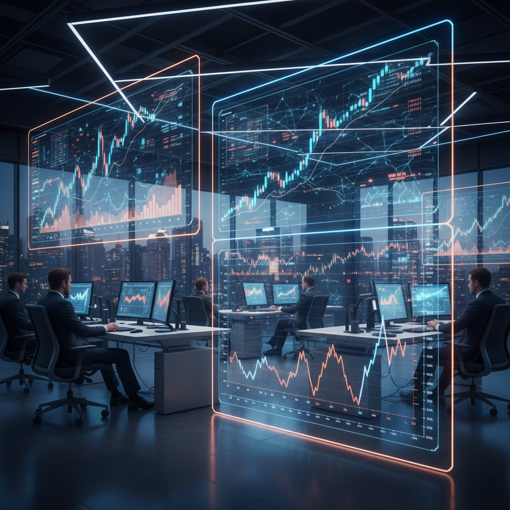 A high-tech financial trading floor with large holographic screens displaying fluctuating stock market charts and digital AI brain connections, cool blue and orange lighting, professional atmosphere, 4:3