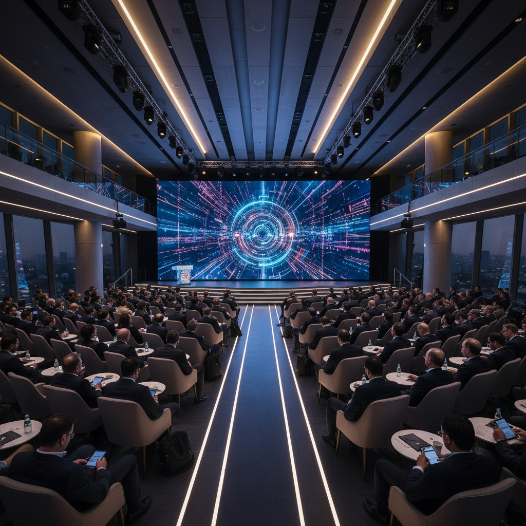 뉴델리에서 열린 AI 서밋의 현대적인 컨퍼런스 홀 전경
