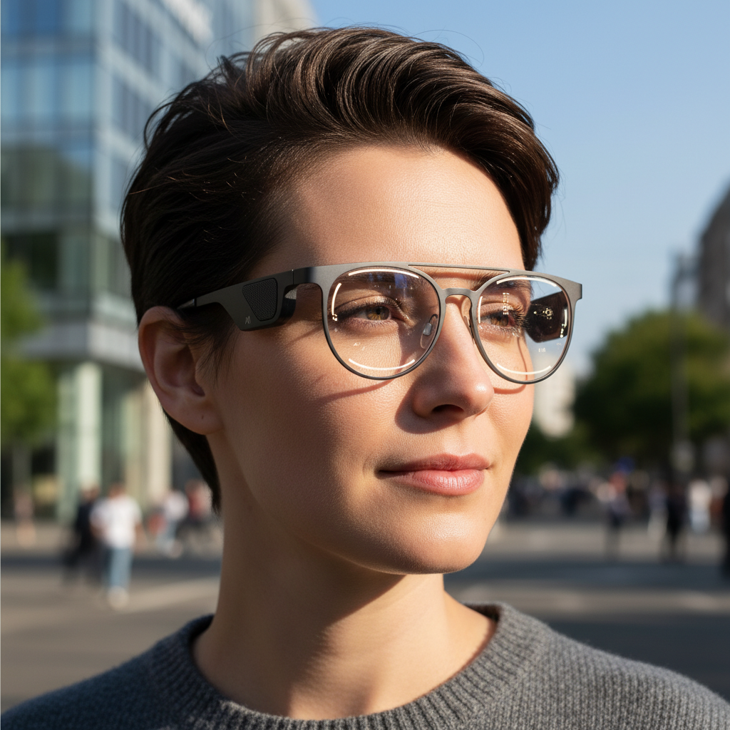 세련된 디자인의 AI 스마트 안경을 착용한 모델