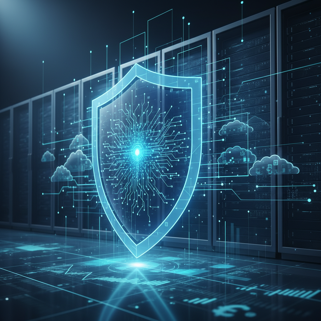 A high-tech digital shield protecting a complex network of cloud servers with integrated AI neural patterns, cinematic lighting, deep blue and teal color palette, professional financial technology atmosphere, 4:3