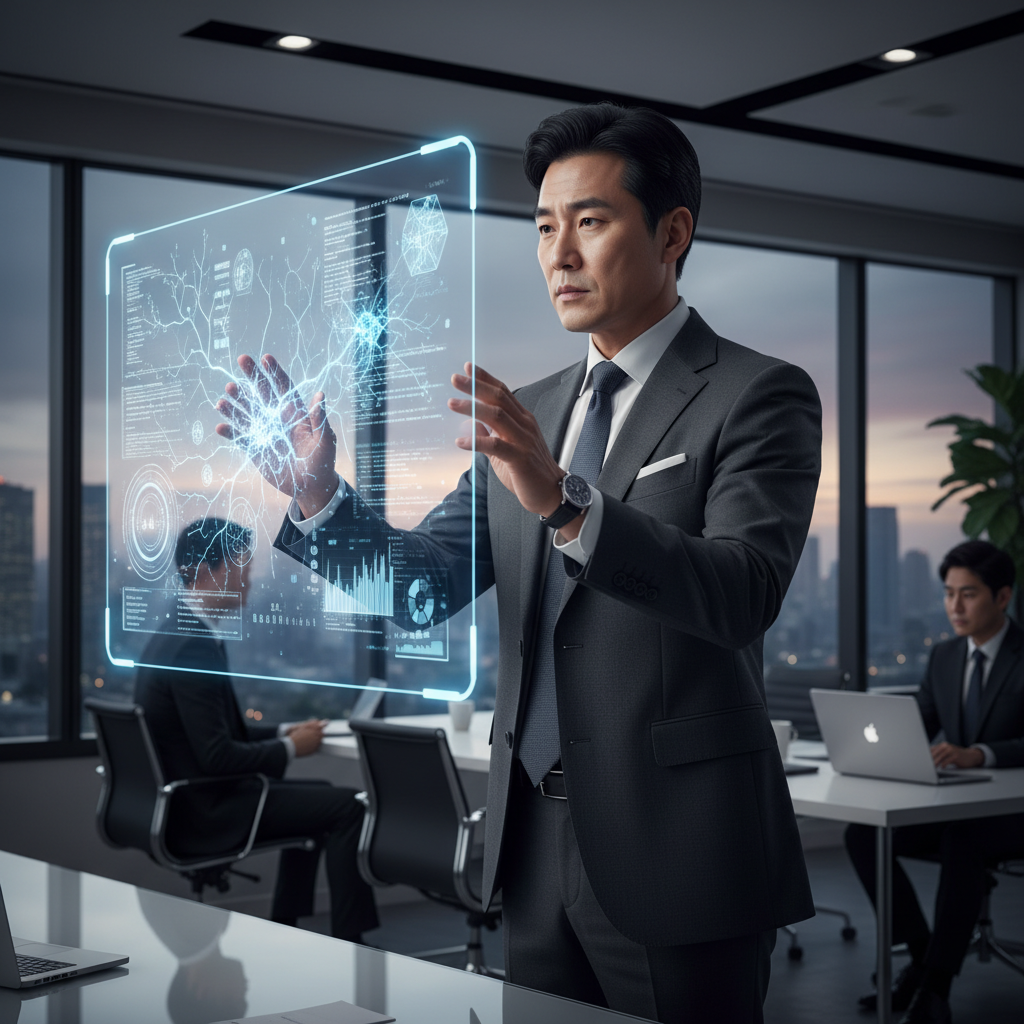 A professional Korean male executive in a modern office looking at a futuristic holographic screen displaying complex AI data visualizations and neural networks, sharp focus, high quality, 4:3