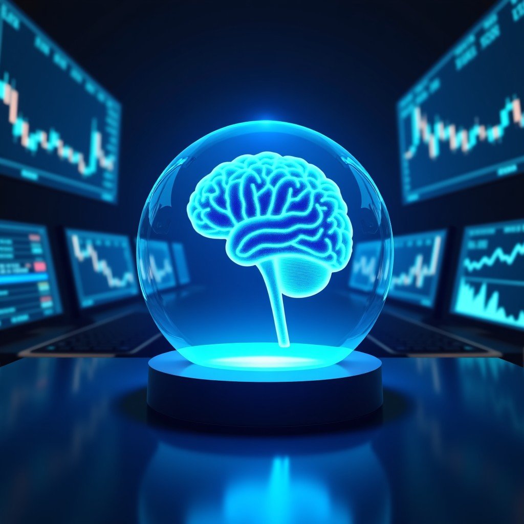 A professional digital illustration of a glowing blue artificial intelligence brain inside a transparent glass bubble, floating above a busy financial trading floor with multiple screens showing bond market candle charts. High contrast, modern aesthetic. 4:3