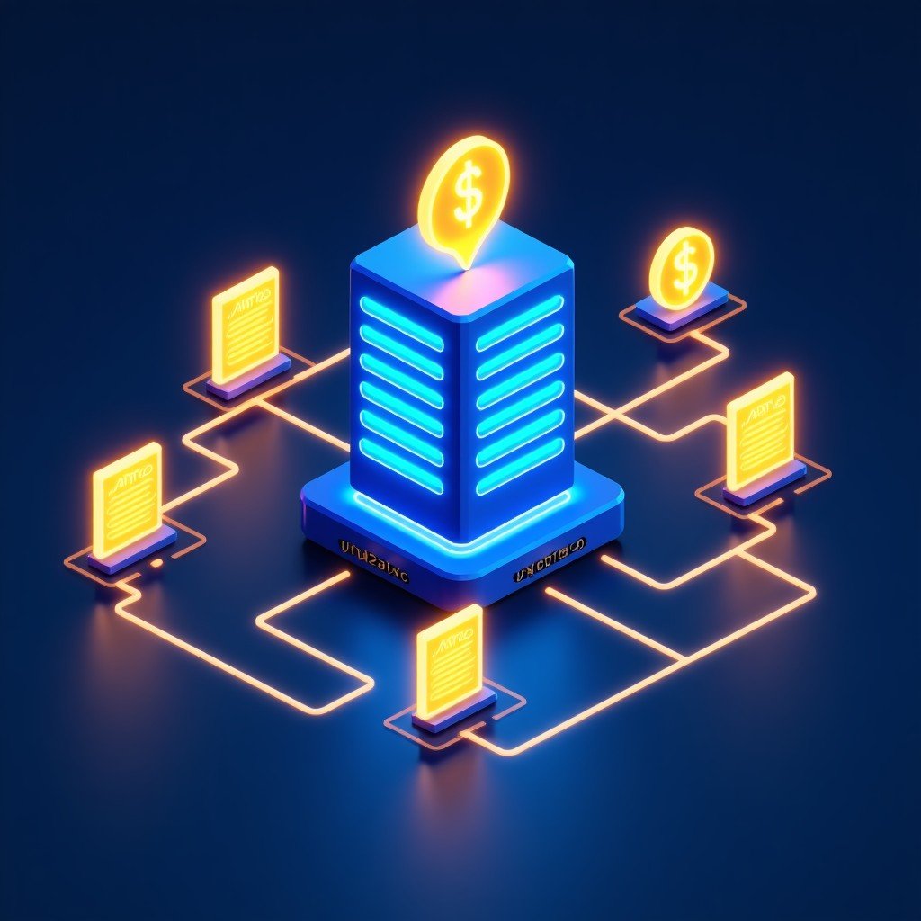 A modern and clean infographic showing a futuristic data center connected to glowing digital currency symbols and bond certificates. High contrast blue and gold lighting. No text. 4:3