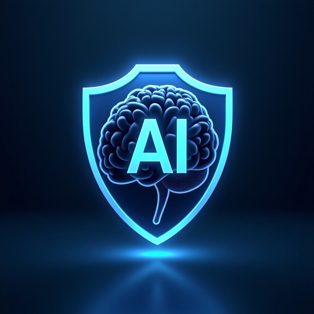 A professional and high-tech conceptual illustration showing a stylized AI brain integrated with a shield symbol, representing national security and ethical technology, blue and silver color palette, cinematic lighting, 4:3