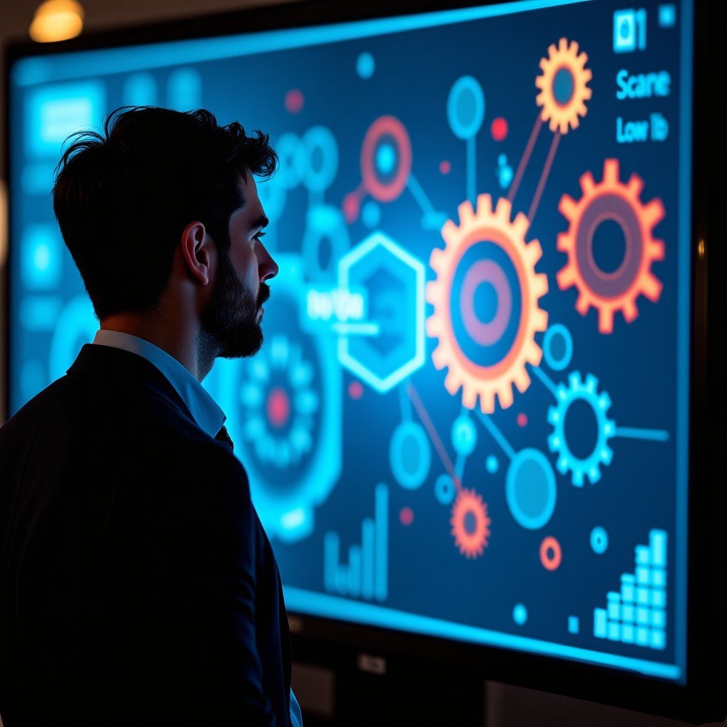 A professional investment consultant looking at a futuristic digital screen showing a mix of classic industrial gears and glowing AI neural network patterns, high contrast, cinematic lighting, 4:3