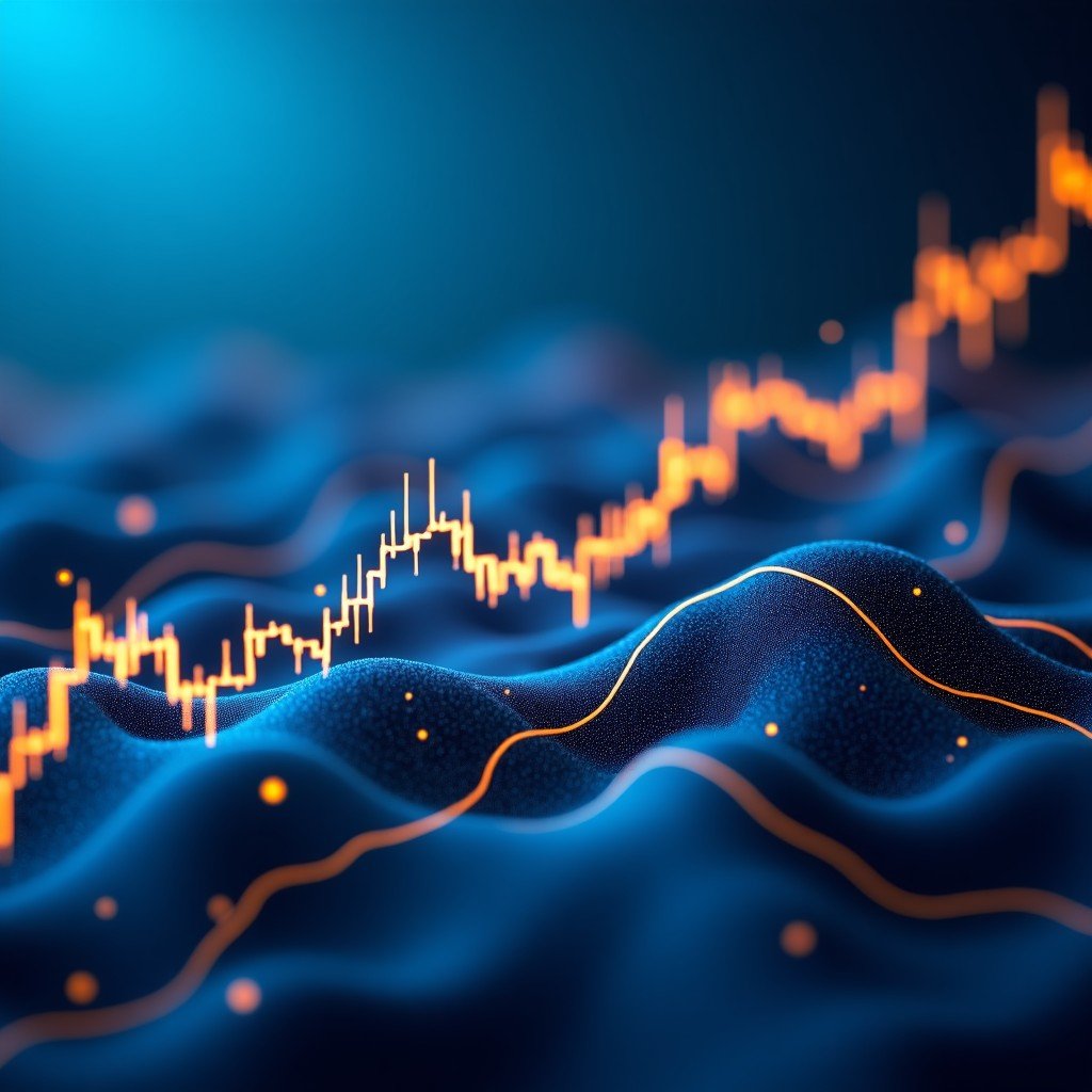 A high-tech financial district background with digital AI neural networks overlaying traditional stock market tickers and private credit loan documents. Modern professional blue and gold color palette, 4:3