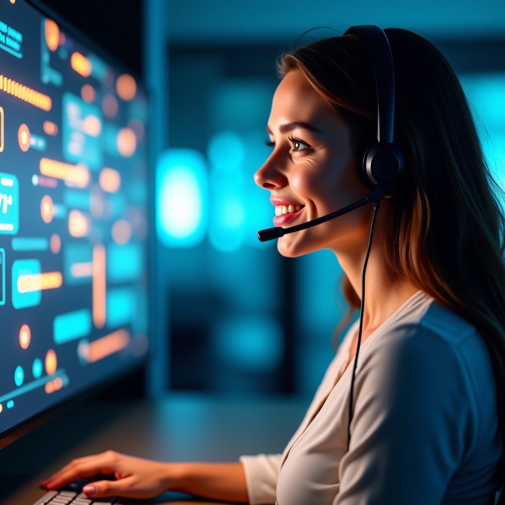Friendly customer service representative wearing a sleek headset, digital visualization of AI voice processing patterns floating in the air, high-tech call center background, warm and helpful atmosphere, 4:3